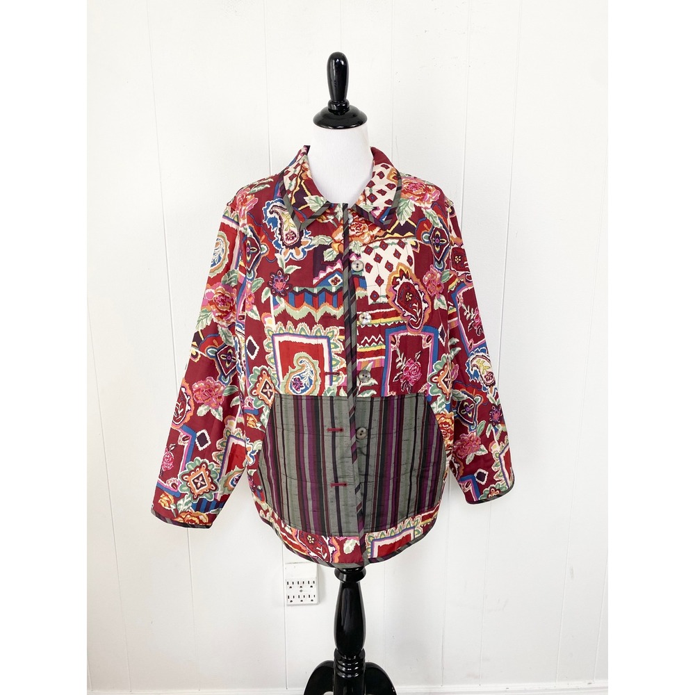 Koos of Course! Reversible Quilted Silk Jacket Womens L Paisley Burgundy Boho